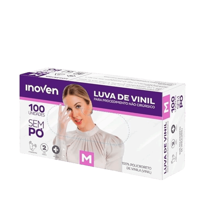 Luva Vinil Inoven sem pó M caixa com 100 unidades