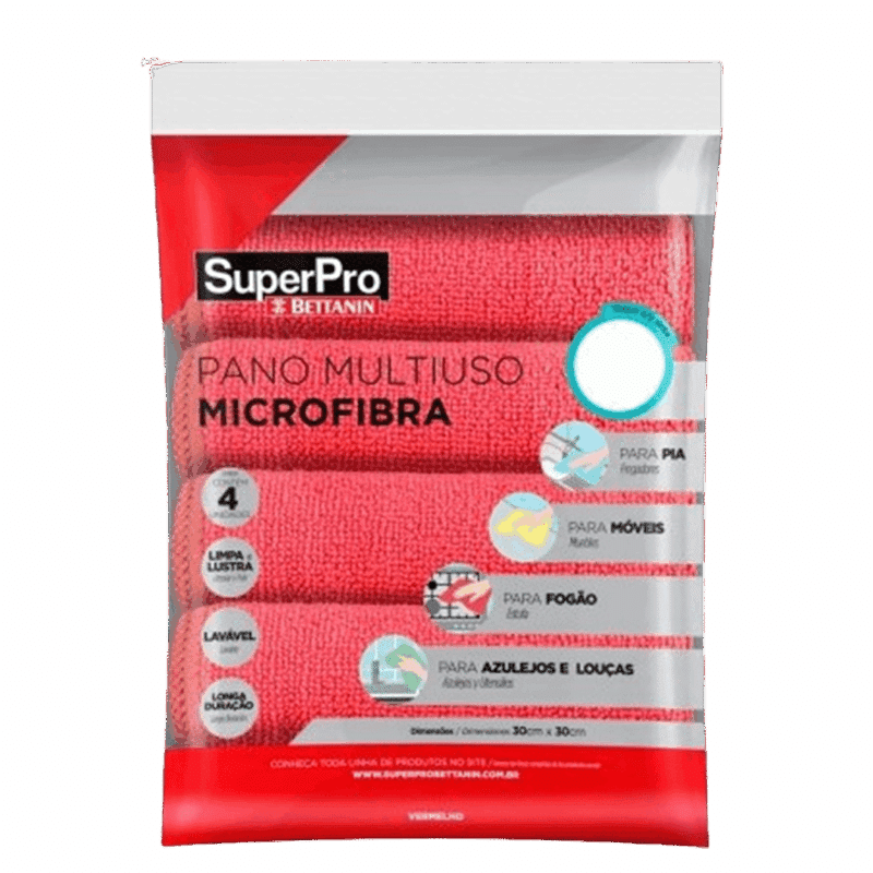 Pano Multiuso Microfibra Vermelho 30cmx30cm Superpro - Kit Com 4 Unidades