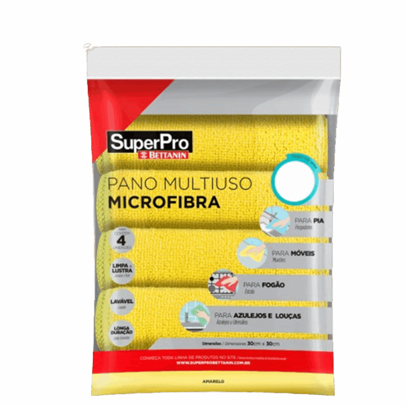 Pano Multiuso Microfibra Amarelo 30cmx30cm Superpro - Kit Com 4 Unidades