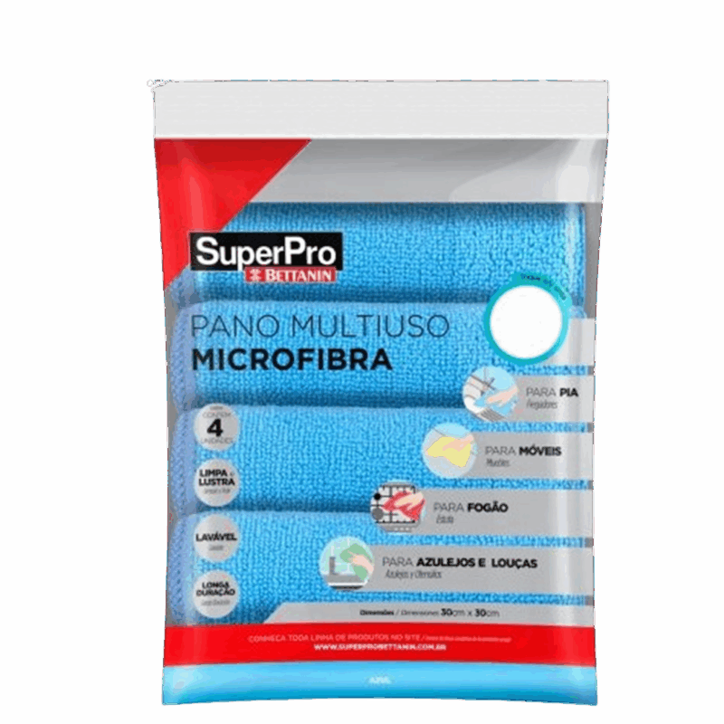 Pano Multiuso Microfibra Azul 30cmx30cm Superpro - Kit Com 4 Unidades
