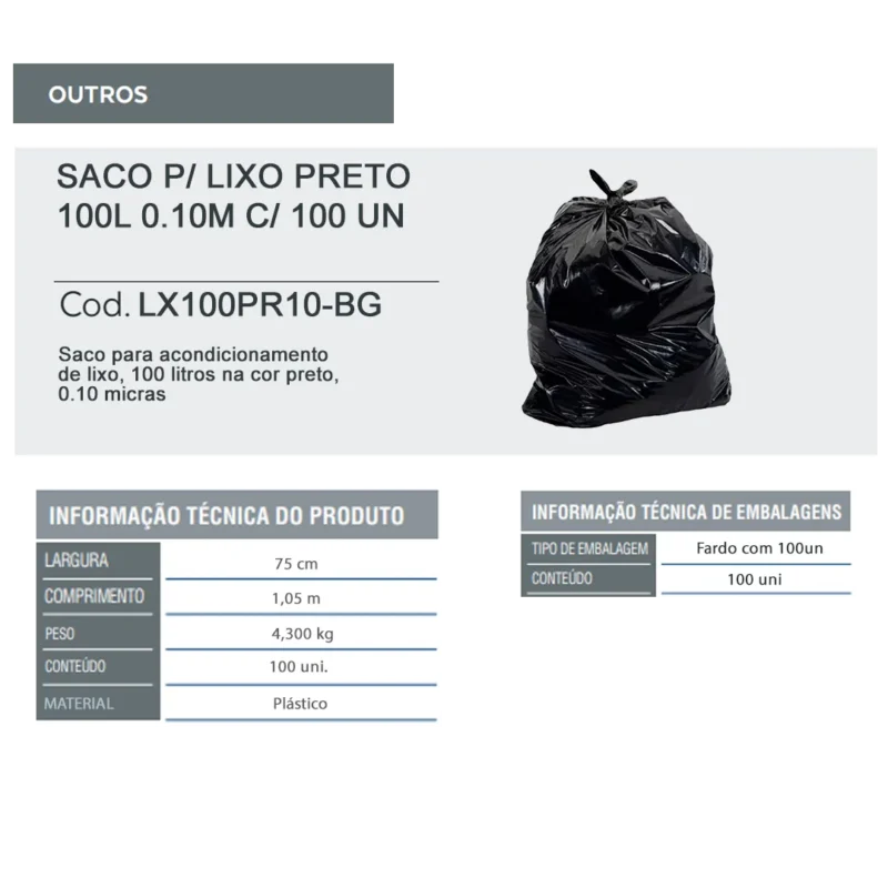 Saco para lixo preto 100L 0.10m com 100 Un - Image 2