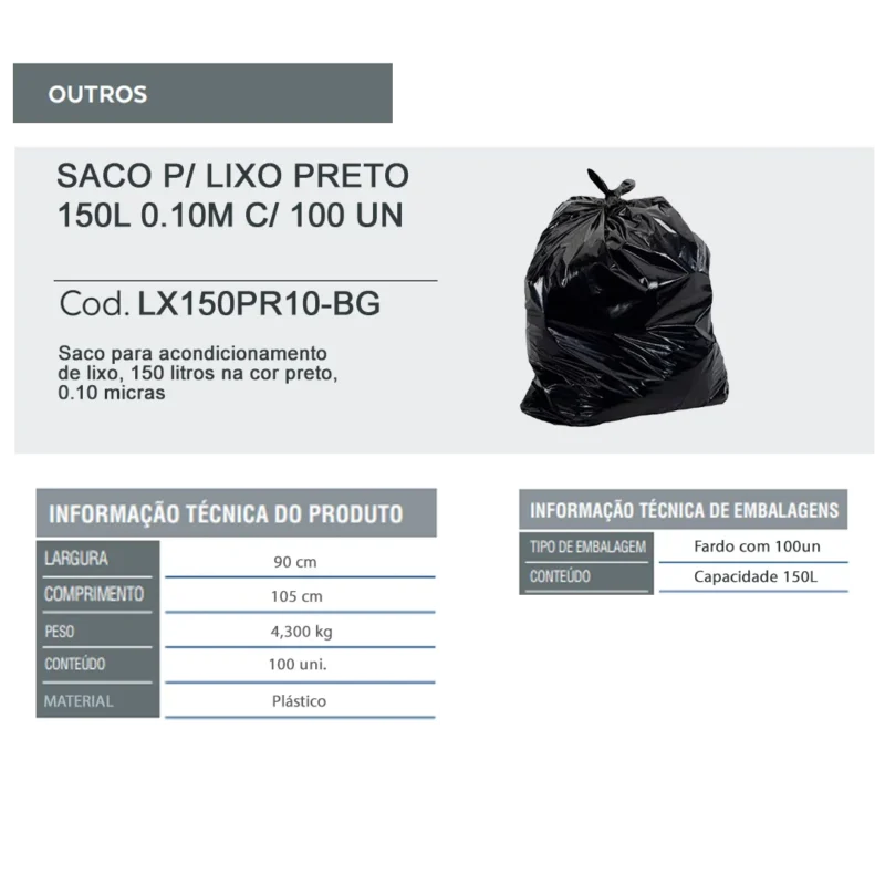 Saco para lixo preto 150L 0.10m com 100 Un - Image 3