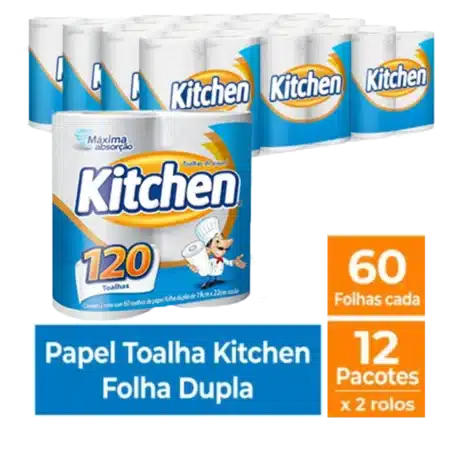 Toalha de papel em rolo kitchen 12 pctes x 2 rolos - Total 24 rolos