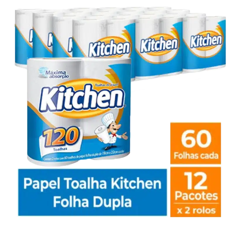 Toalha de papel em rolo kitchen 12 pctes x 2 rolos - Total 24 rolos