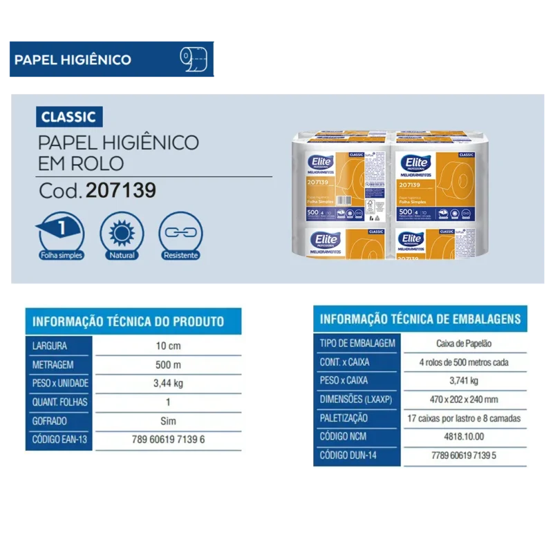 Papel Higiênico Rolo Classic Folha Simples c/ 4 rolos de 500 metros - Image 3
