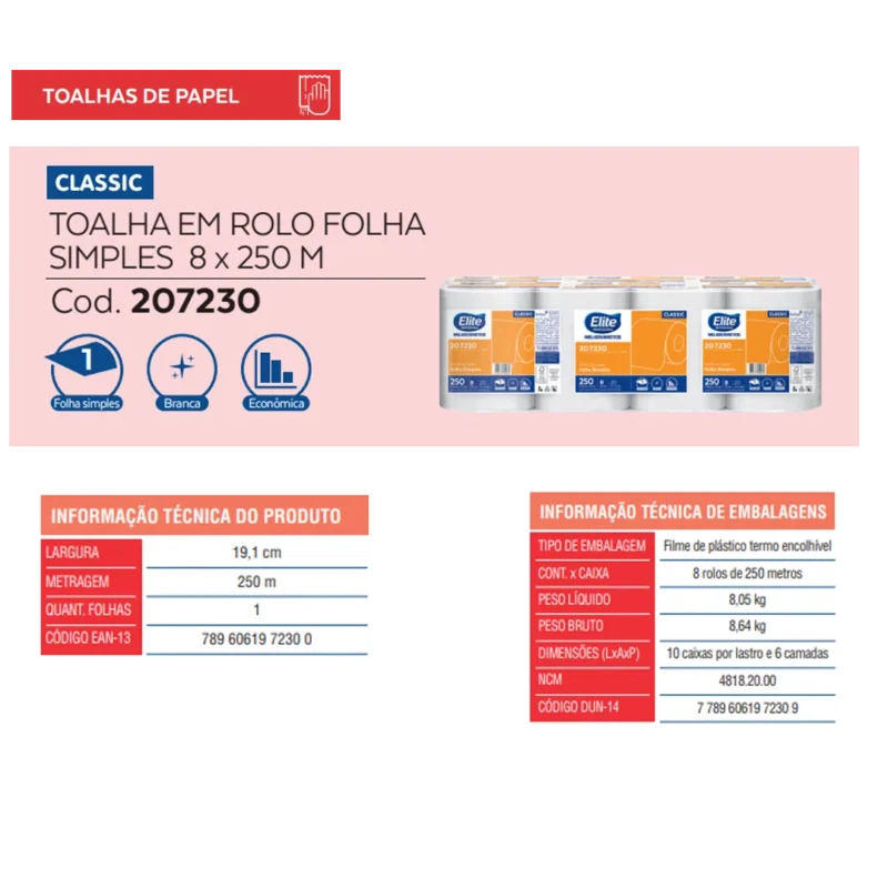 Toalha de Papel Rolo Classic - Folha Simples 8 rolos de 250 metros - Image 3