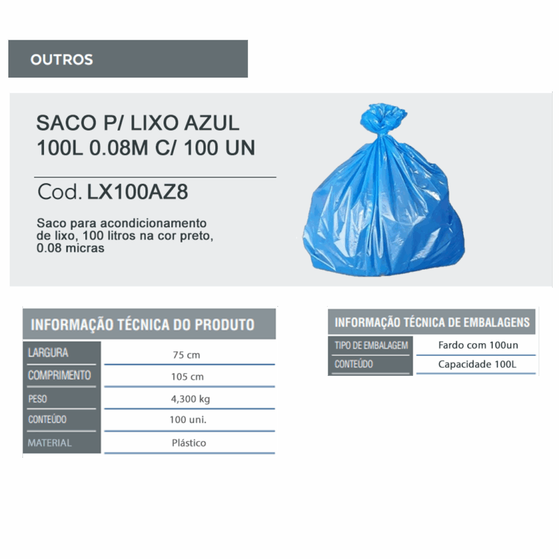 Saco para lixo azul 100L 0.08m com 100 Un - Image 2